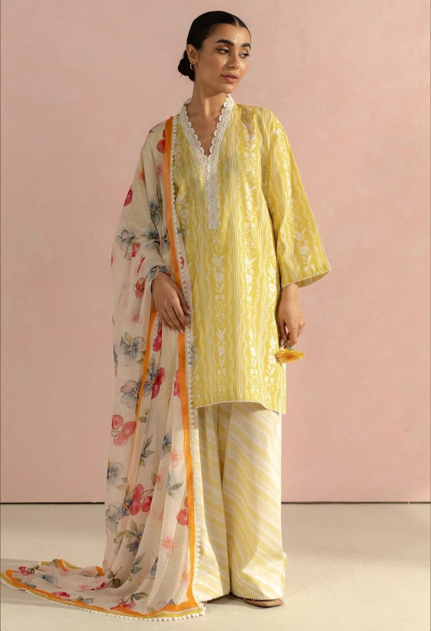 edenrobe Lawn Collection 2025 – 3-Piece Unstitched Suit Set | BENT3000